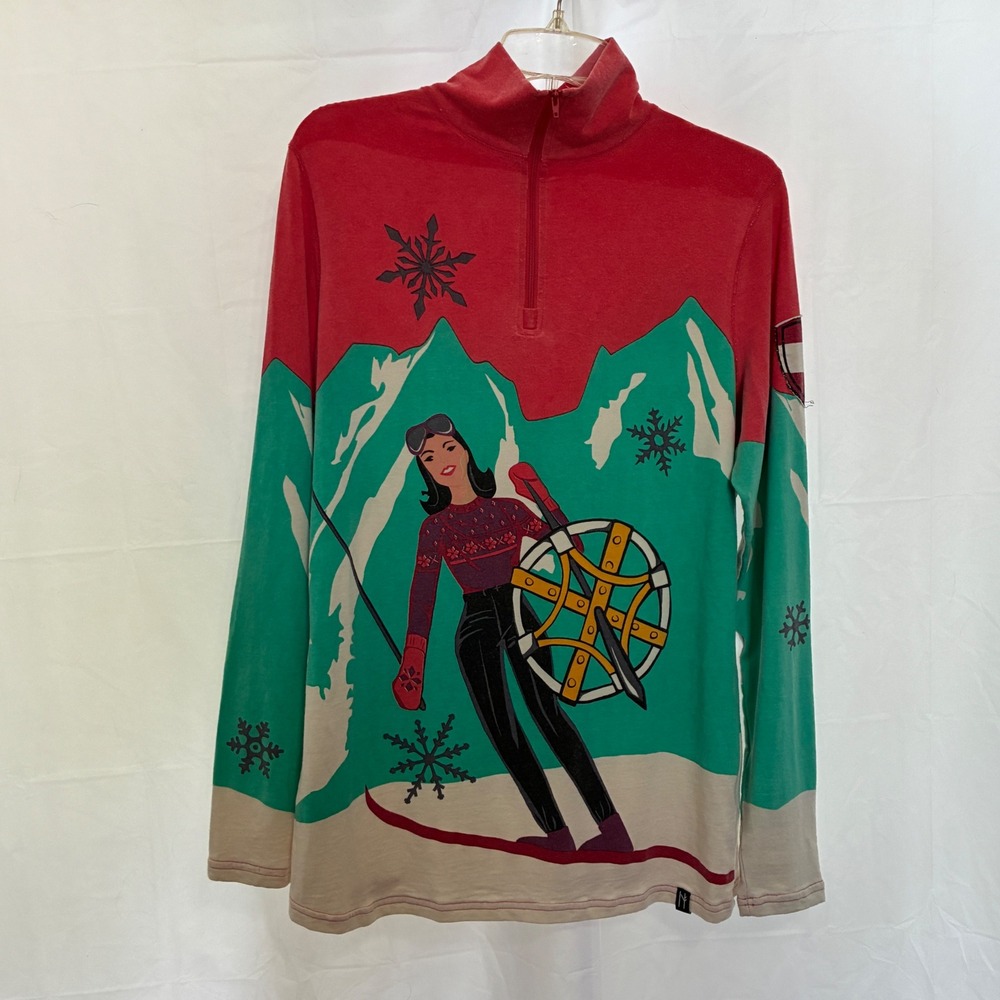 Neve 1/4 Quarter Zip Pullover Womens XL Red Austria Silk Wool Après Ski Retro